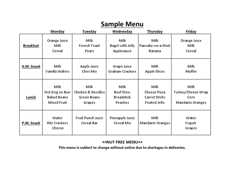 Weekly Nut-Free Menu Plan | PDF