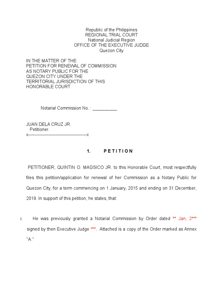 Sample Petition for Notarial Commission ( RENEWAL Notary Public