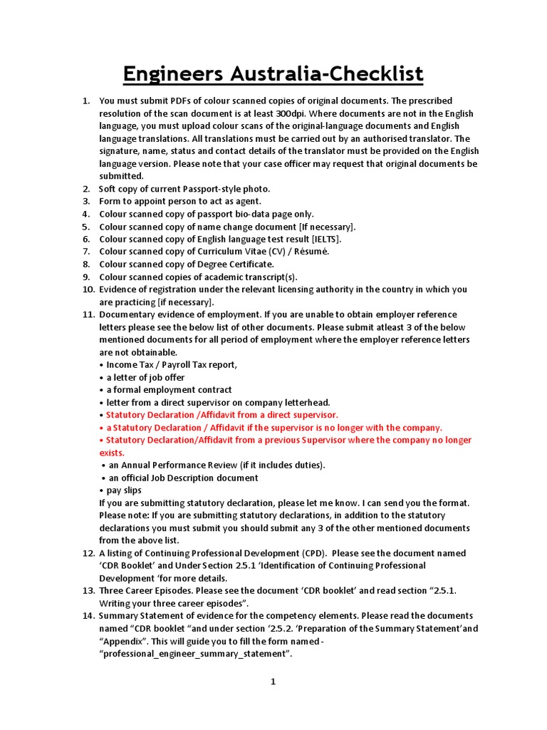 Engineers Australia Skill Assessment Checklist | PDF | Government | Labour