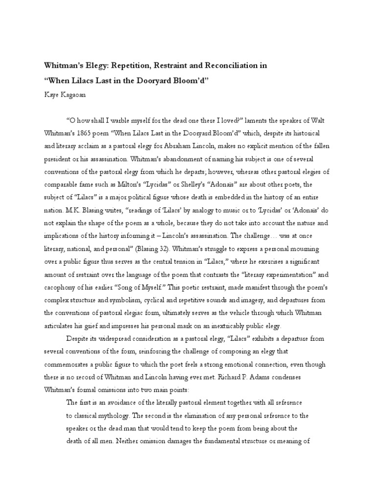 Whitman's Elegy Repetition, Restraint and Reconciliation in "When