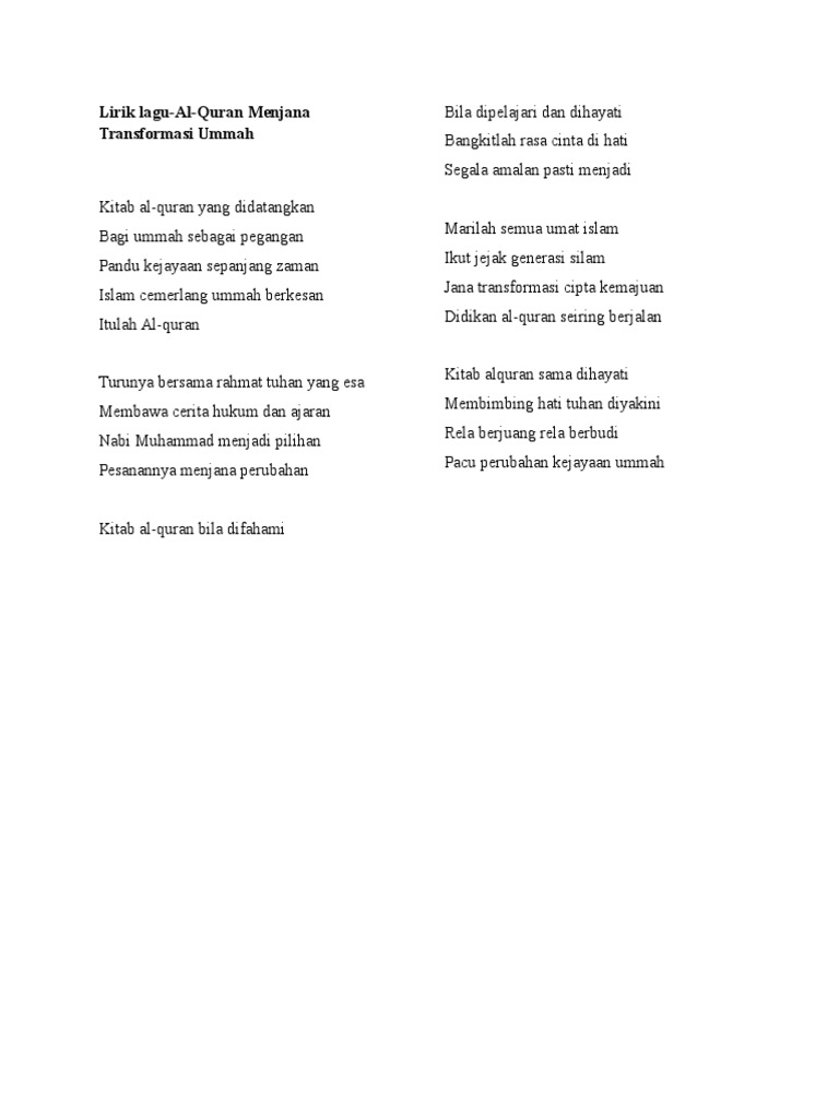 Lirik Lagu Alquran Menjana Transformasi Ummah