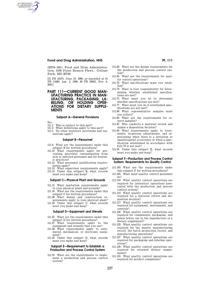 21 CFR 111 Download Free PDF Calibration Dietary Supplements