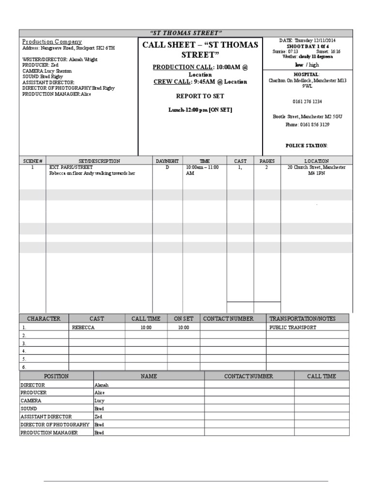 Call Sheet1 | PDF