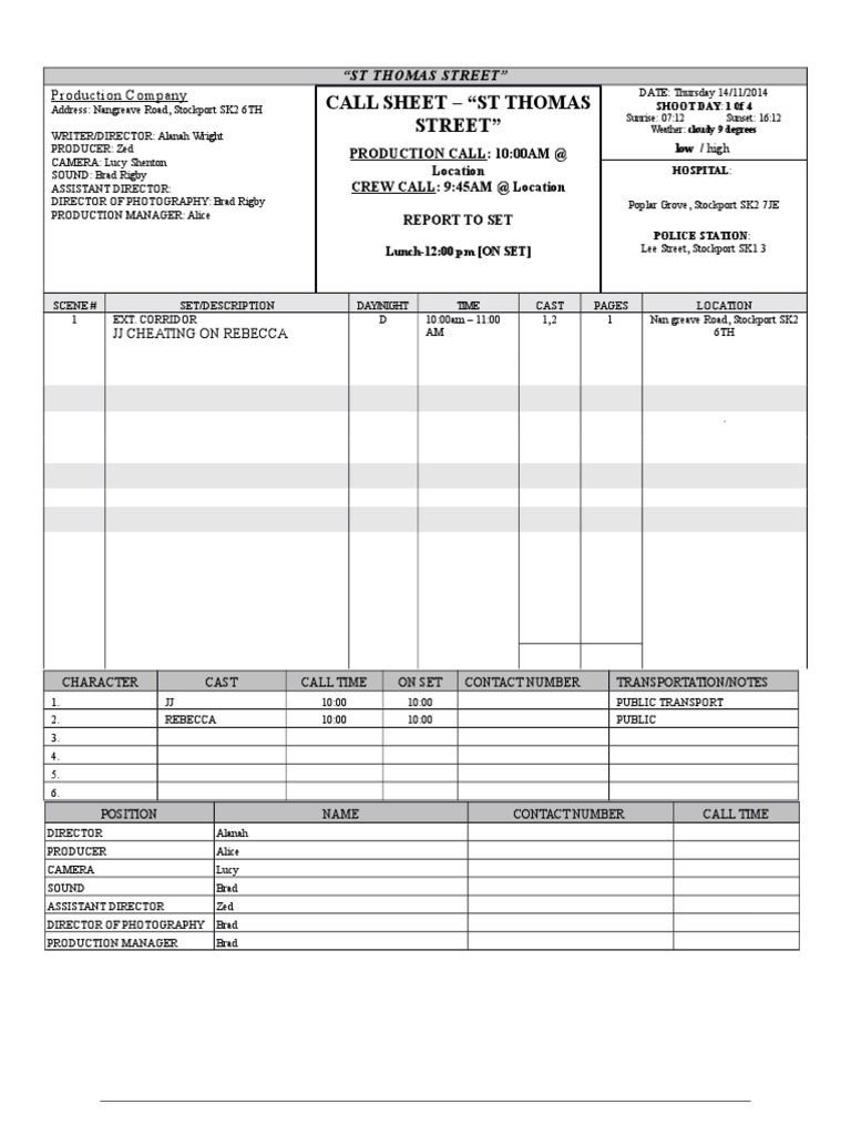 St Thomas Street Call Sheet Details | PDF | Travel