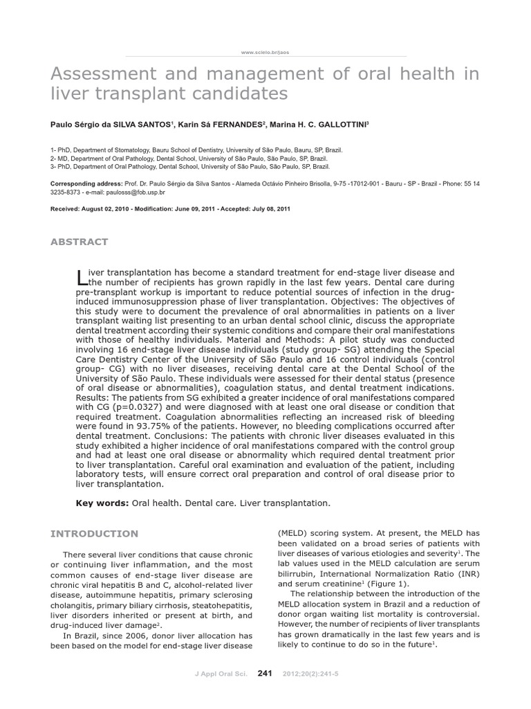 Assessment and Management of Oral Health in Liver Transplant Candidates