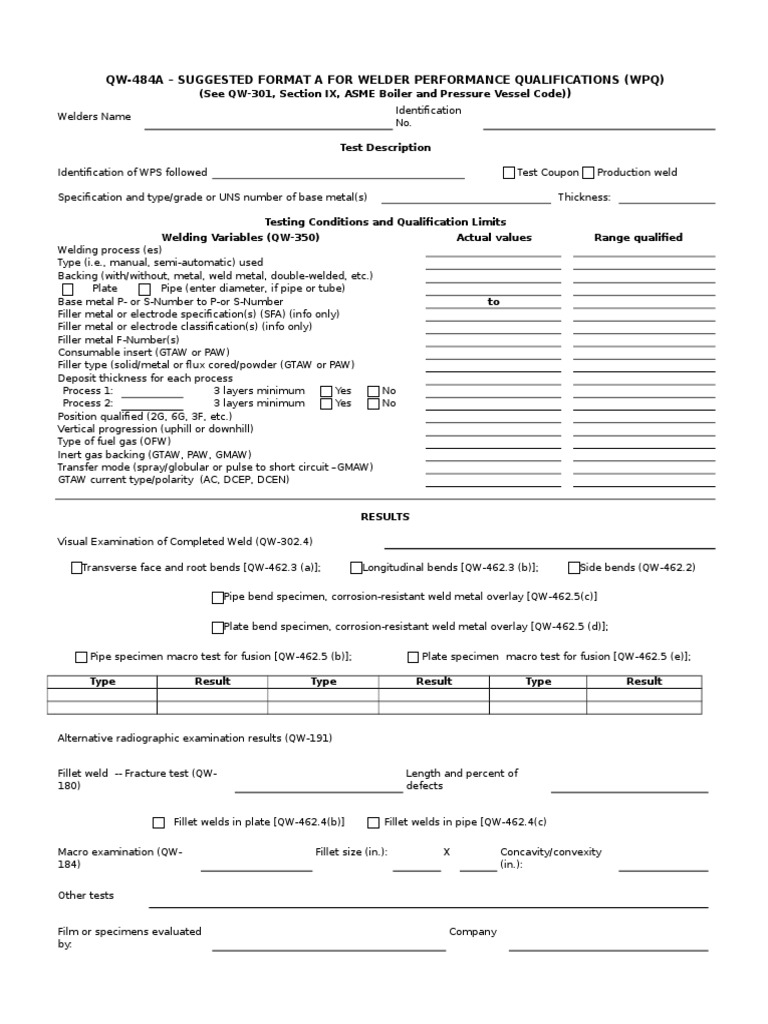 Qw-484A - Suggested Format A For Welder Performance Qualifications (WPQ ...