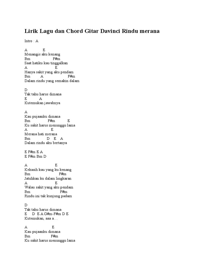 Lirik Lagu Dan Chord Gitar Davinci Rindu Merana