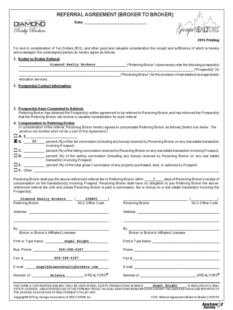 Referral Agreement Broker to Broker (2015) Real Estate Broker Property