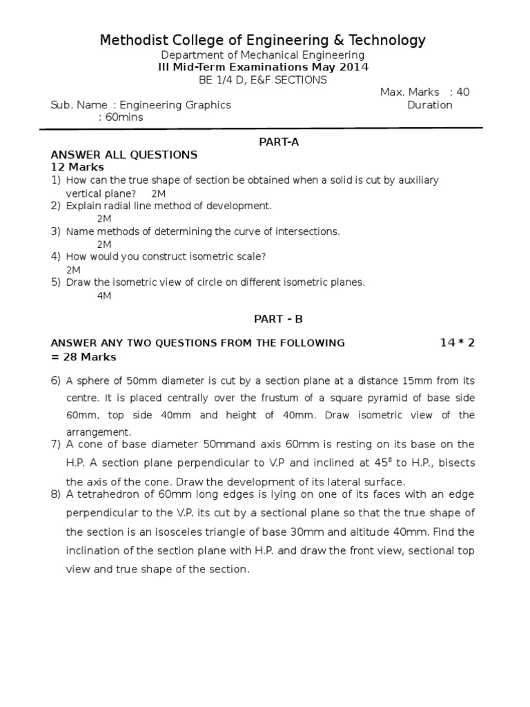 Engineering Graphics Mid-Term Exam 2014 | PDF | Teaching Methods ...