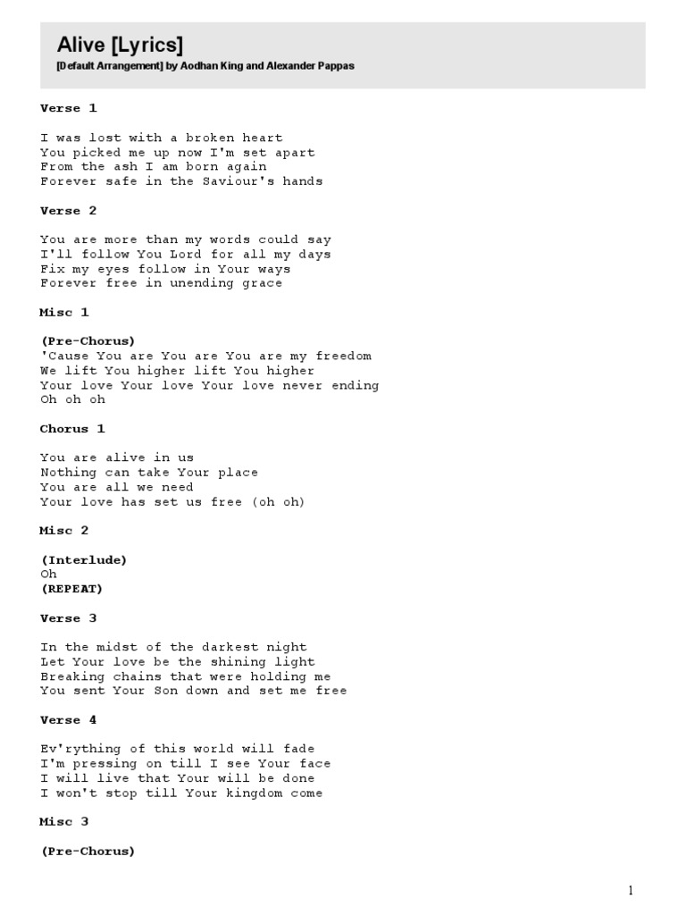Alive - Lyrics | PDF | Language Arts & Discipline | Religion & Spirituality