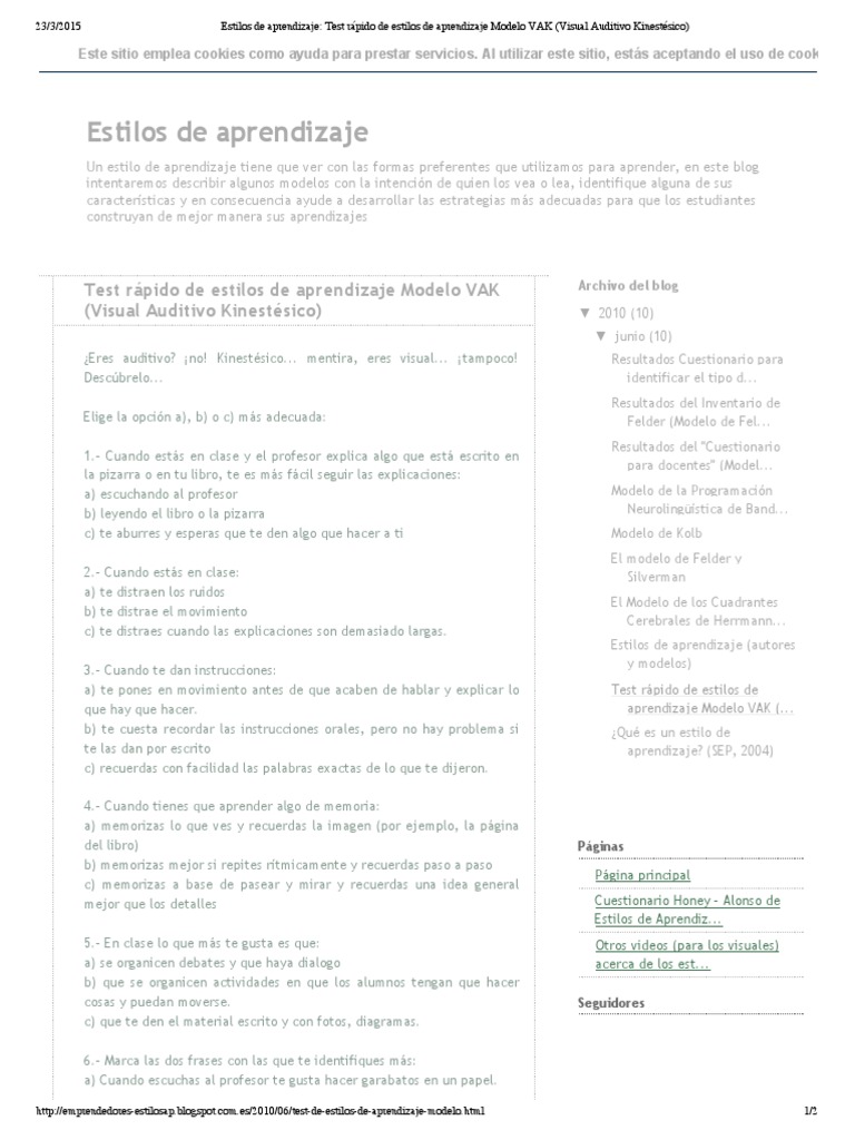 Test de Estilos de Aprendizaje VAK | PDF | Tecnologia Educacional ...