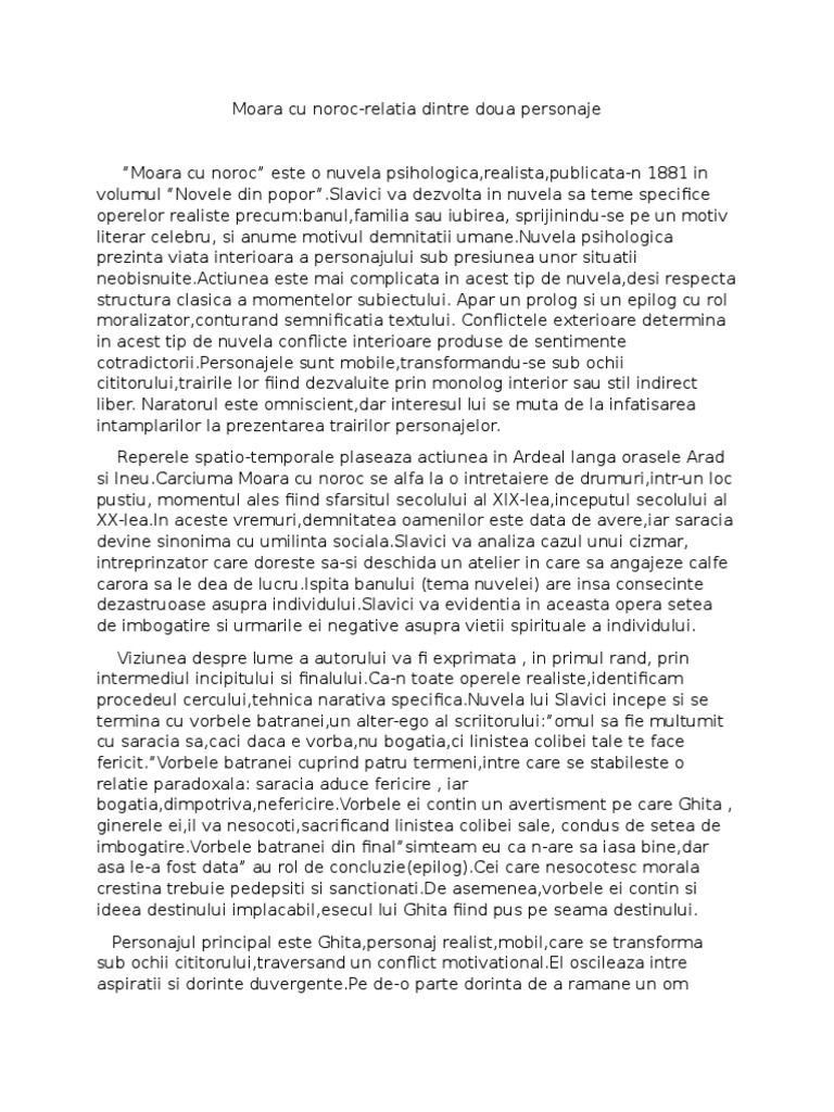 Moara Cu Noroc Relatia Dintre Doua Personaje Moara Cu Noroc-Relatia Dintre Doua Personaje | PDF