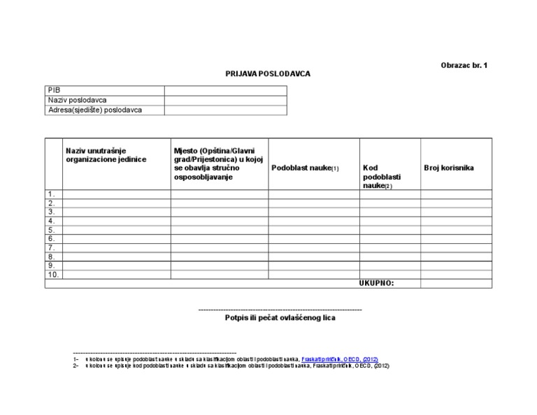 Obrazac 1 - Prijava Poslodavca - 10092012 | PDF