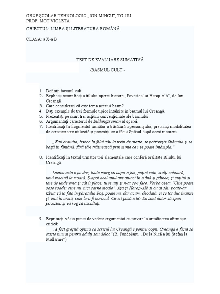 Test de Evaluare Sumativa - Cls X | PDF