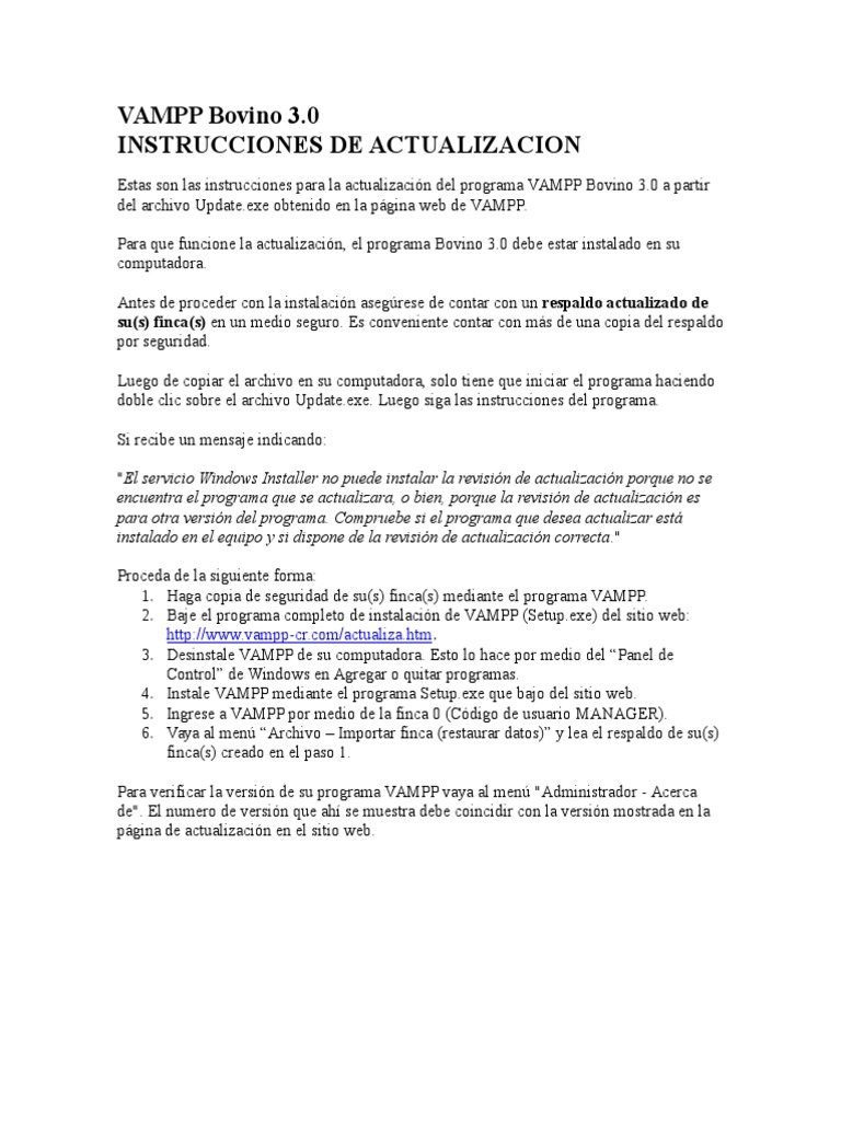 Instrucciones para actualizar VAMPP Bovino 3.0 | PDF | Negocios
