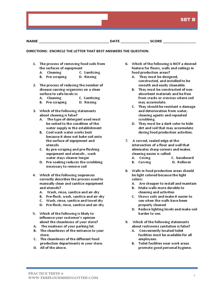 Foodservice Practice Tests Set B PDF Shelf Life Foods