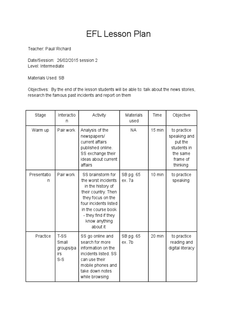 EFL Intermediate Lesson Plan on News | PDF