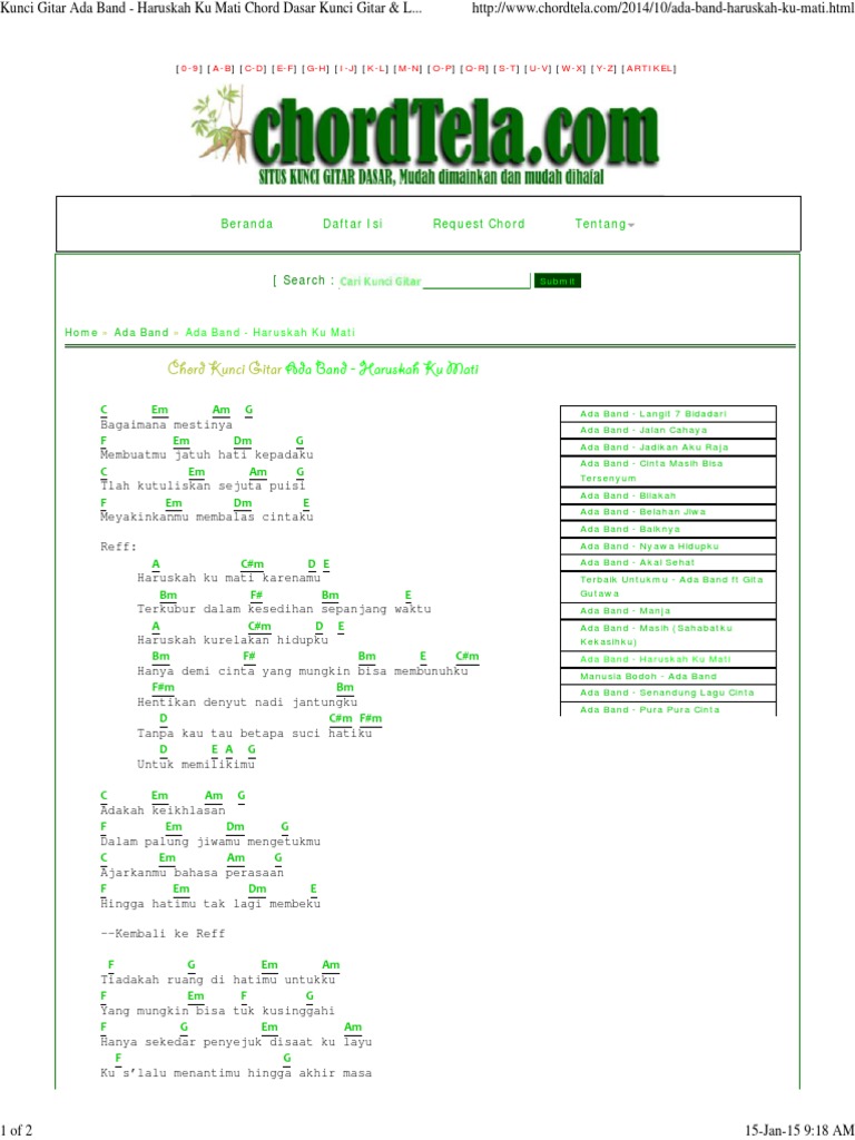 Kunci Gitar Ada Band Haruskah Ku Mati Chord Dasar Kunci Gitar Lirik Lagu C