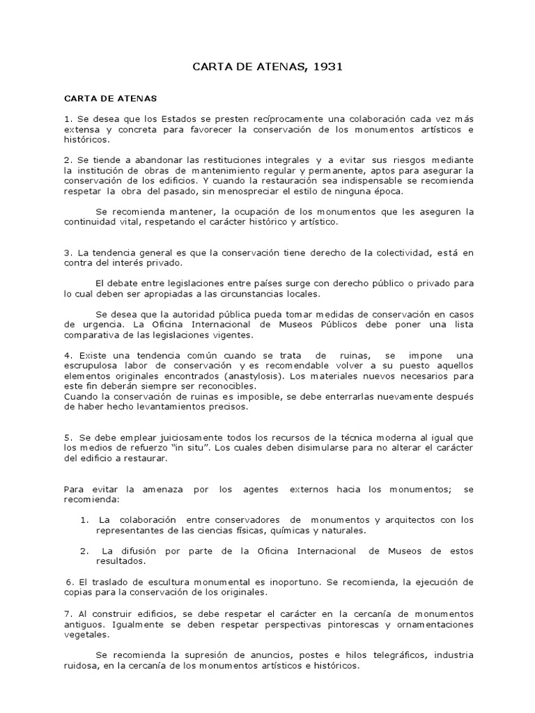 1931 Carta de Atenas Resumen PDF Museo