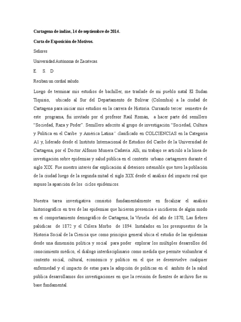 Carta de Exposicion de Motivos Universidad de Zacatecas Estado