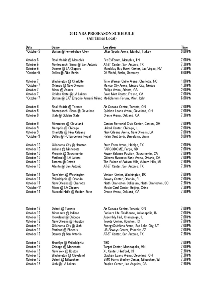 Nba Preseason Schedule PDF Los Angeles Lakers National Basketball