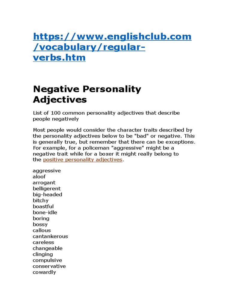 Negative Personality Adjectives List | PDF | General Fiction