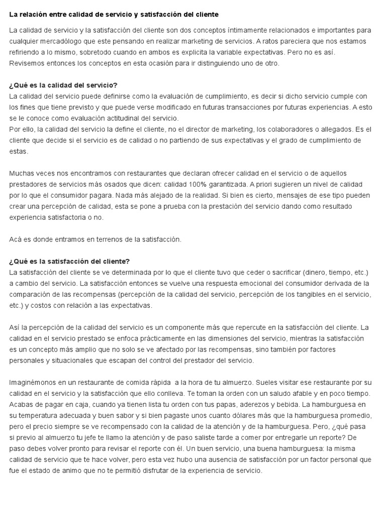 Calidad de servicio y satisfacción del cliente | PDF | La satisfacción ...