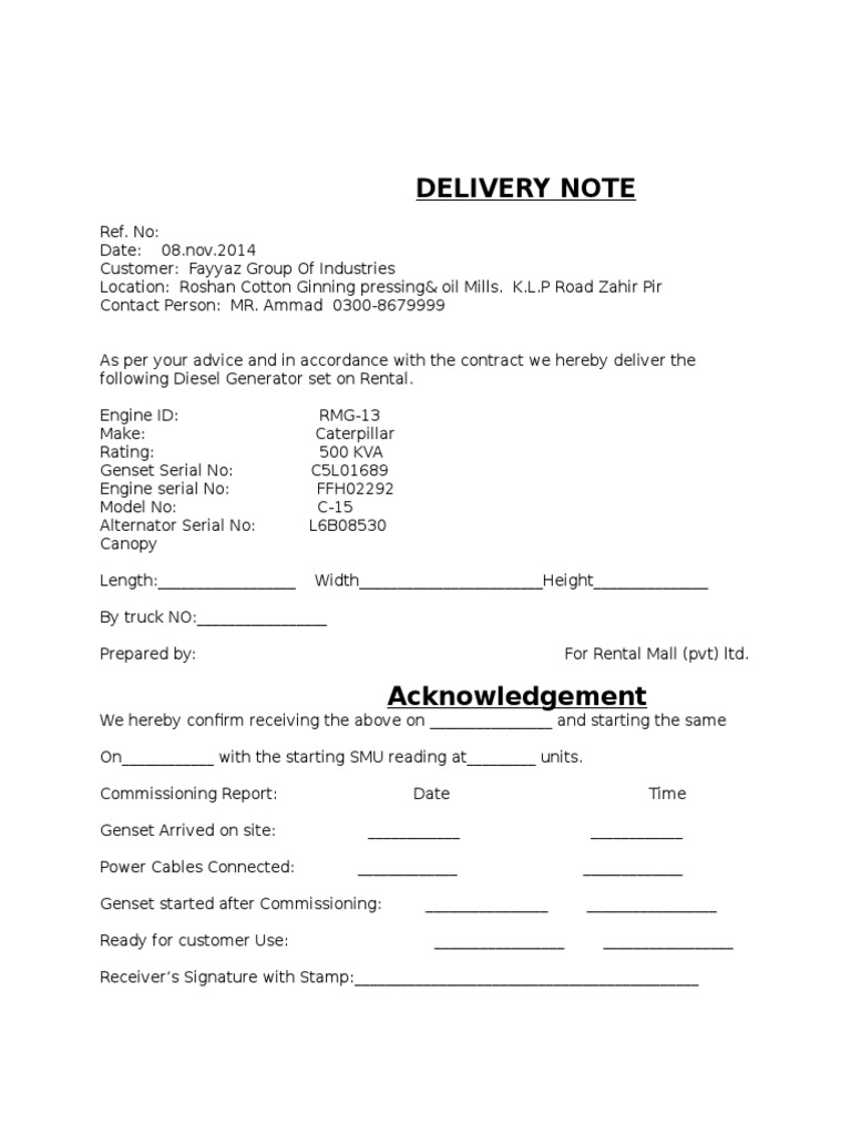 Delivery Note for Diesel Generator Set | PDF | Business