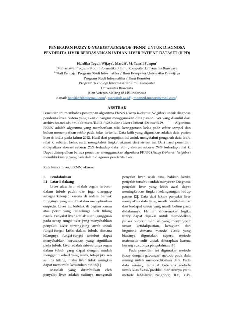 Penerapan Fuzzy Knearest Neighbor (Fknn) Untuk Diagnosa Penderita