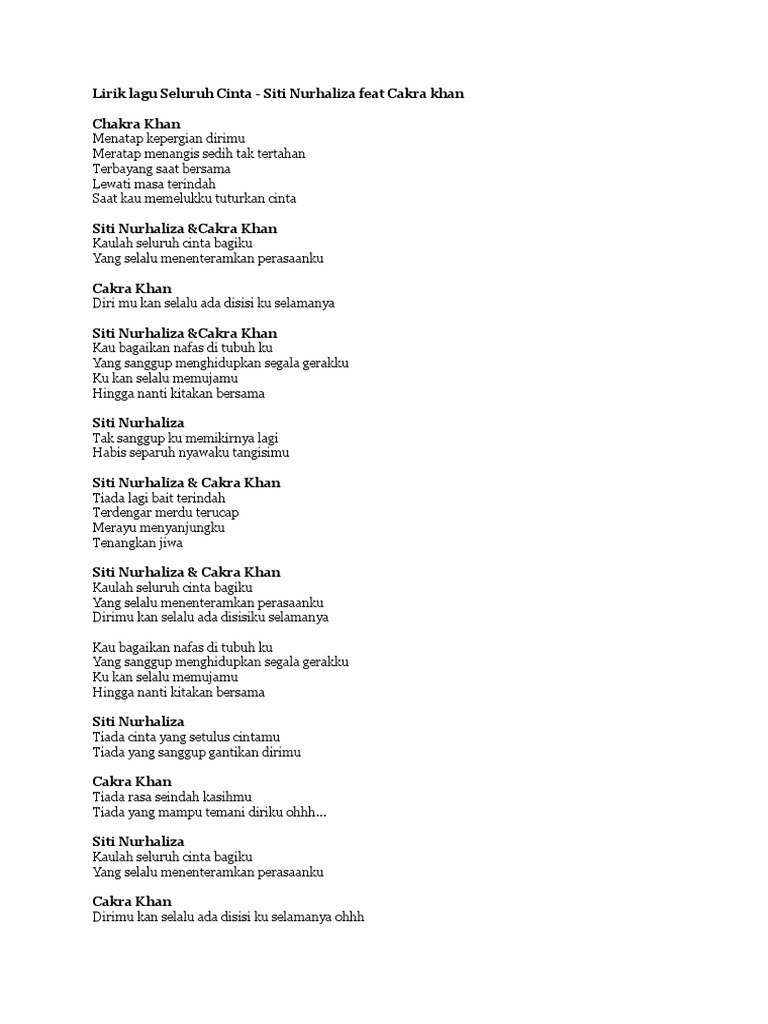 Lirik Lagu Seluruh Cinta Siti Nurhaliza Feat Cakra Khan lirik lagu seluruh cinta siti