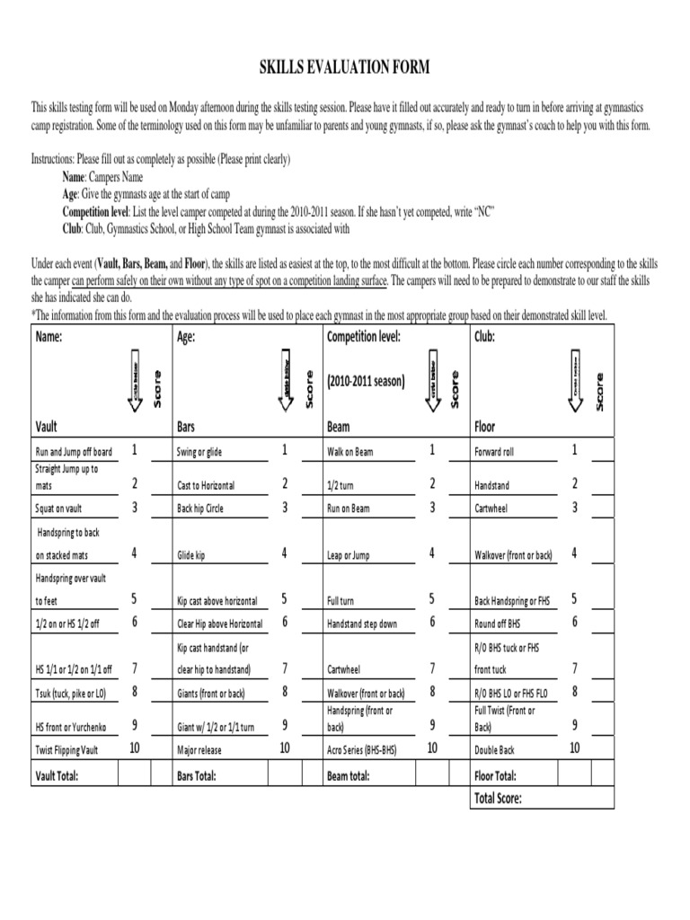 Gymnastics Skills Test 2011 PDF