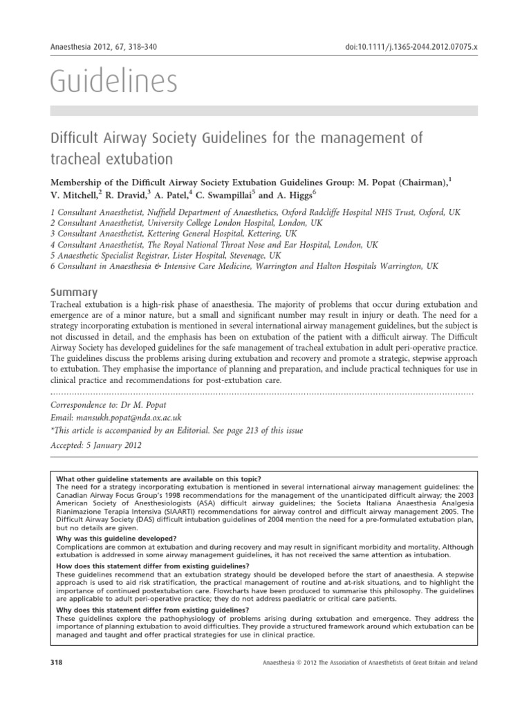 Difficult Airway Society Guidelines For The Management of Tracheal Extubation PDF Anesthesia