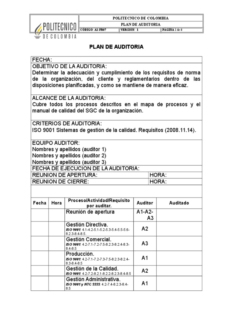 Plan de Auditoría ISO 9001 | PDF | Sistema de manejo de calidad | Auditoría