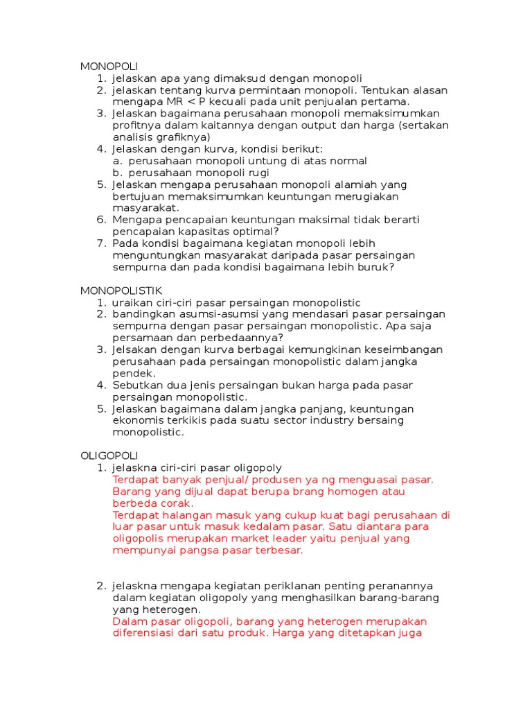 Soal Monopoli Monopolistik Oligopoli