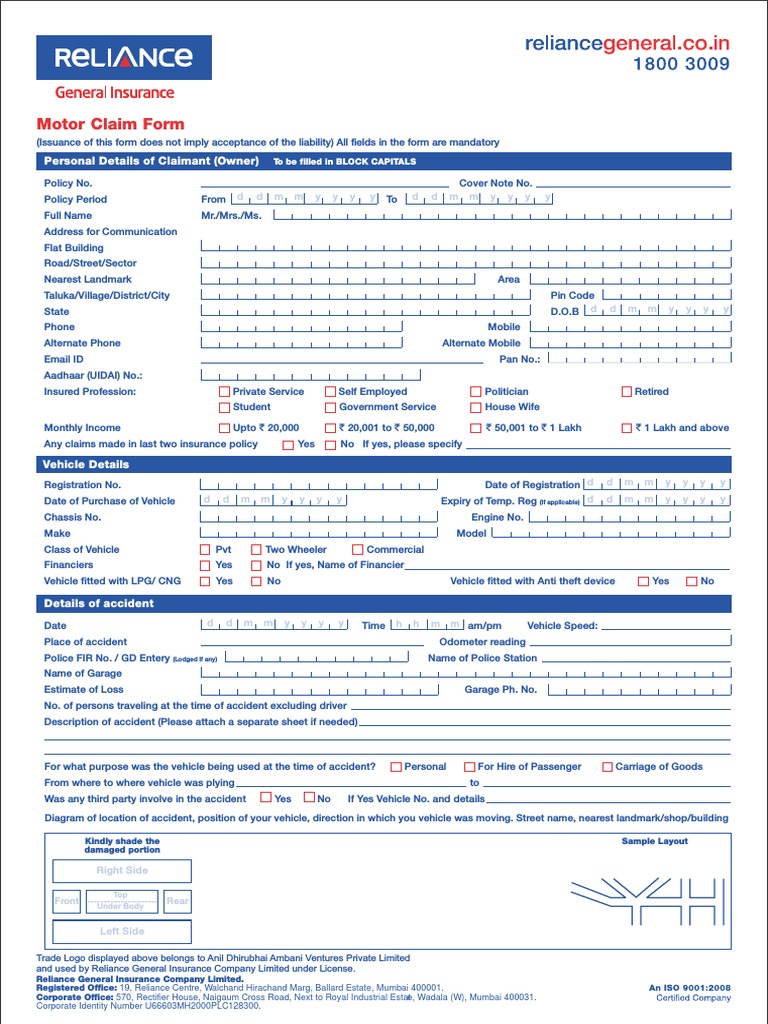 Motor Claim Form Reliance General Insurance PDF Insurance Cheque