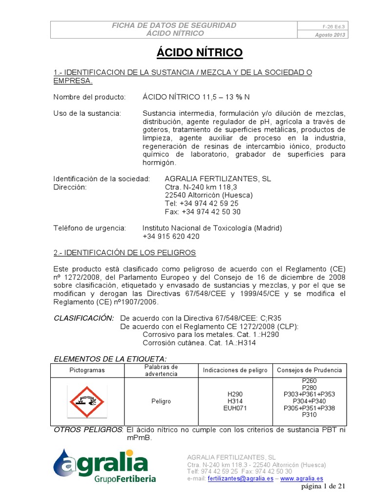 FICHA TECNICA ACIDO NITRICO.pdf Solución tampón Agua