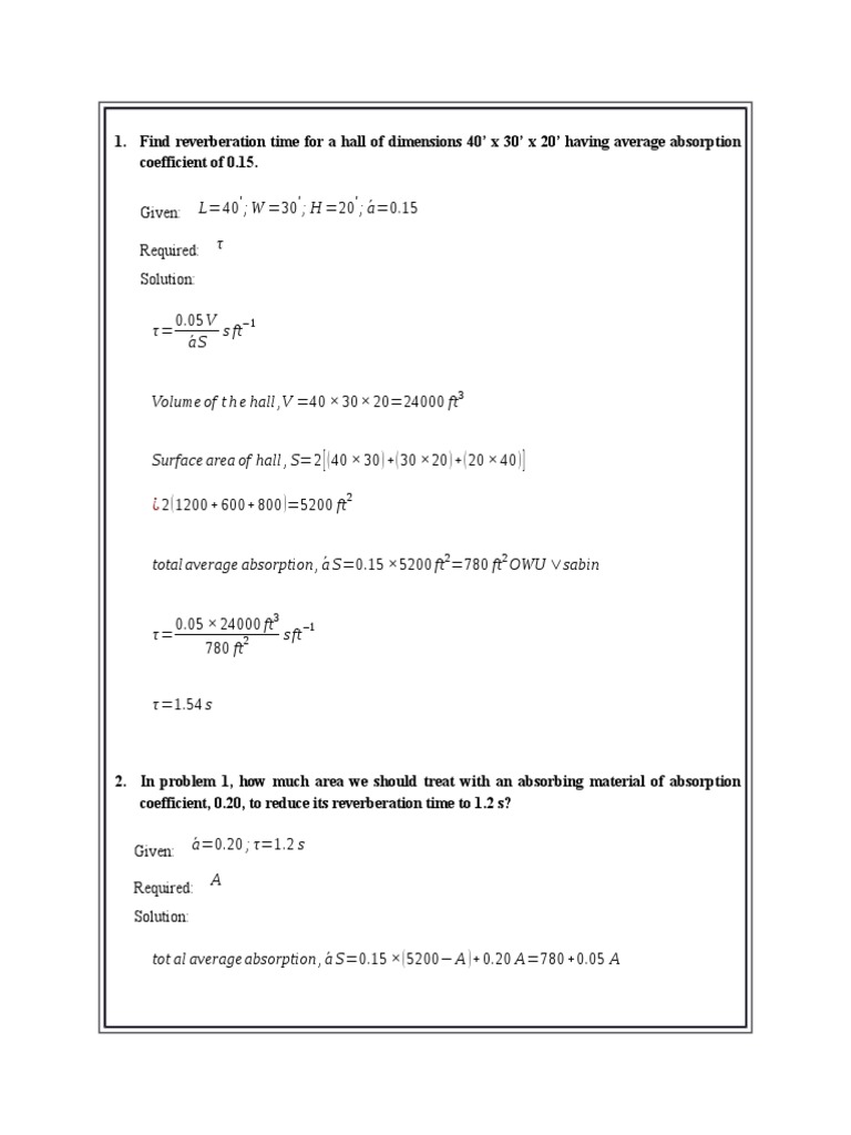 Reverberation Time Problems (Solved) Waves Continuum Mechanics