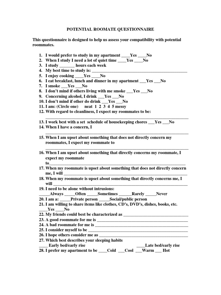 Roommate Questionnaire | PDF