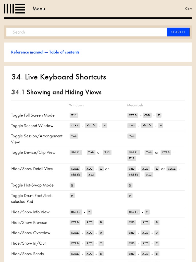 Live Keyboard Shortcuts - Ableton Reference Manual Version 9 - Ableton