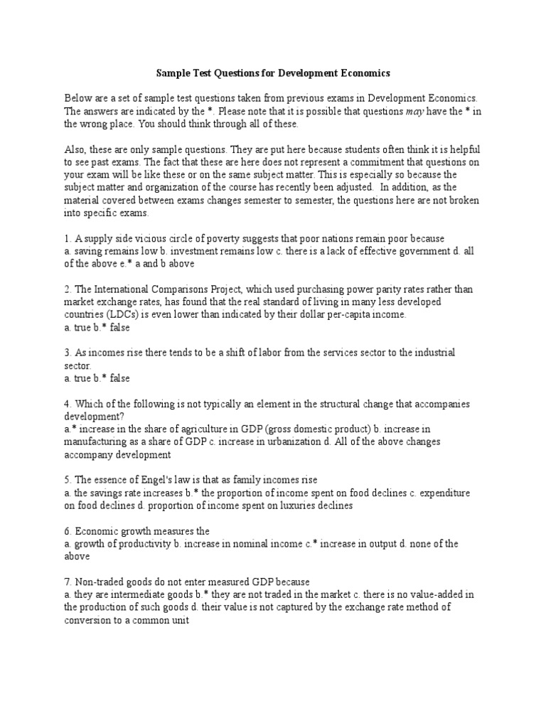 Sample Test Questions for Development Economics Economic Growth