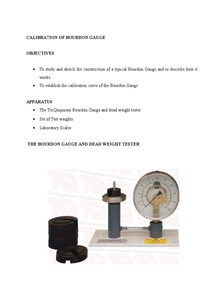 Calibration of Bourdon Gauge Pressure Measurement Calibration