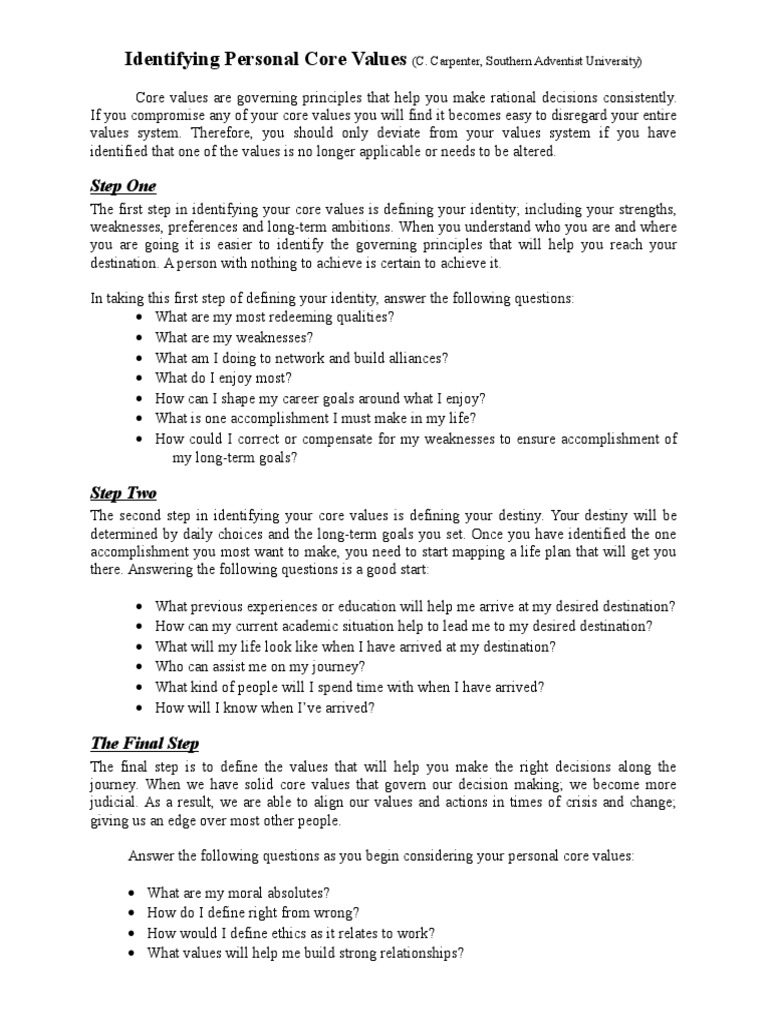 Discovering Your Personal Core Values | PDF | Value (Ethics ...