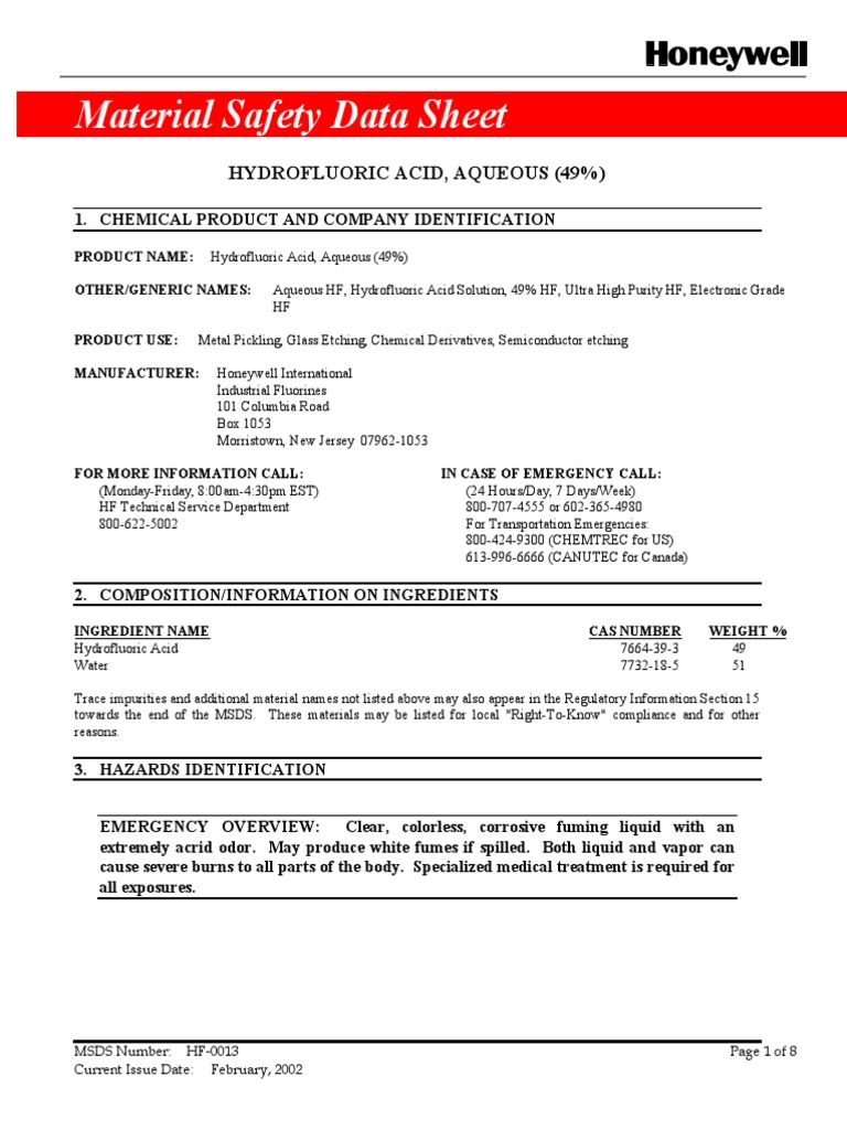 hf msds Chemical Substances Materials