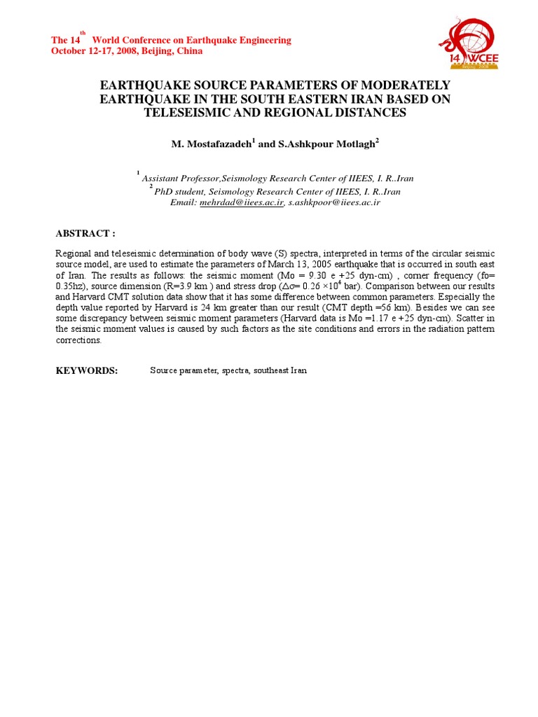 Earthquake Source Parameters of Moderately Earthquake in The South ...