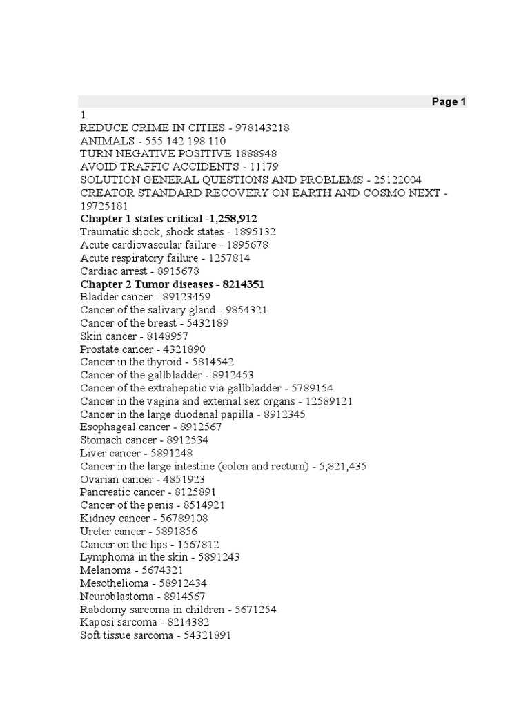 Grabovoi - Codes for Various Types of Diesease · Version 1-NUMBER