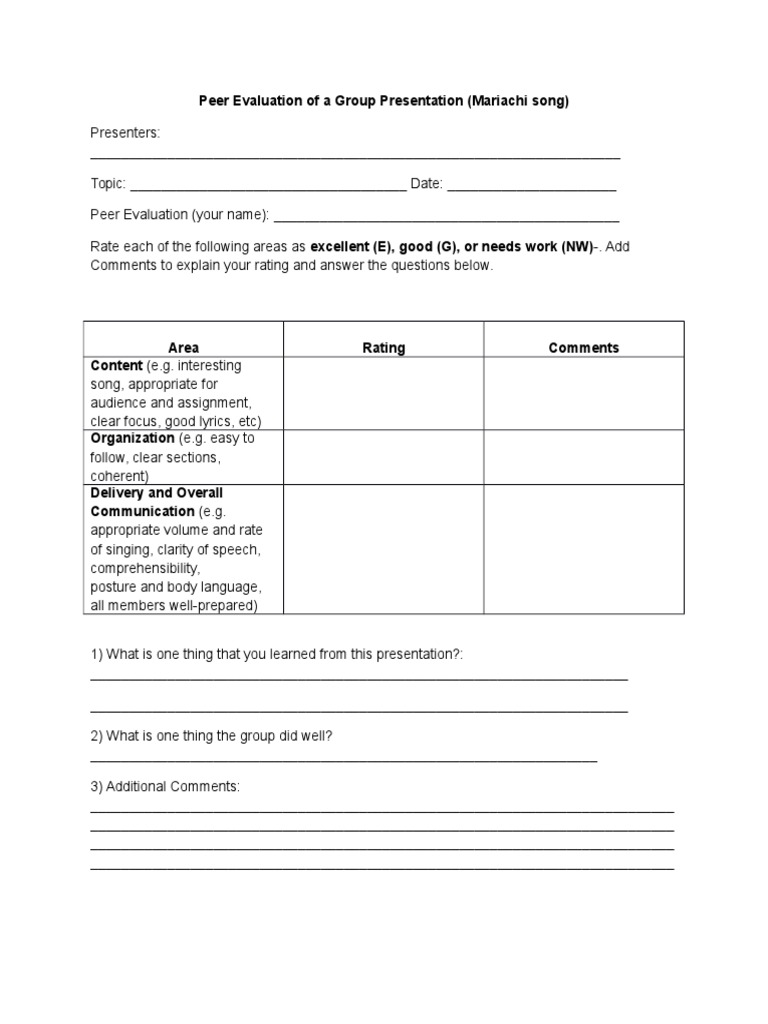 Peer Evaluation of A Group Presentation | PDF