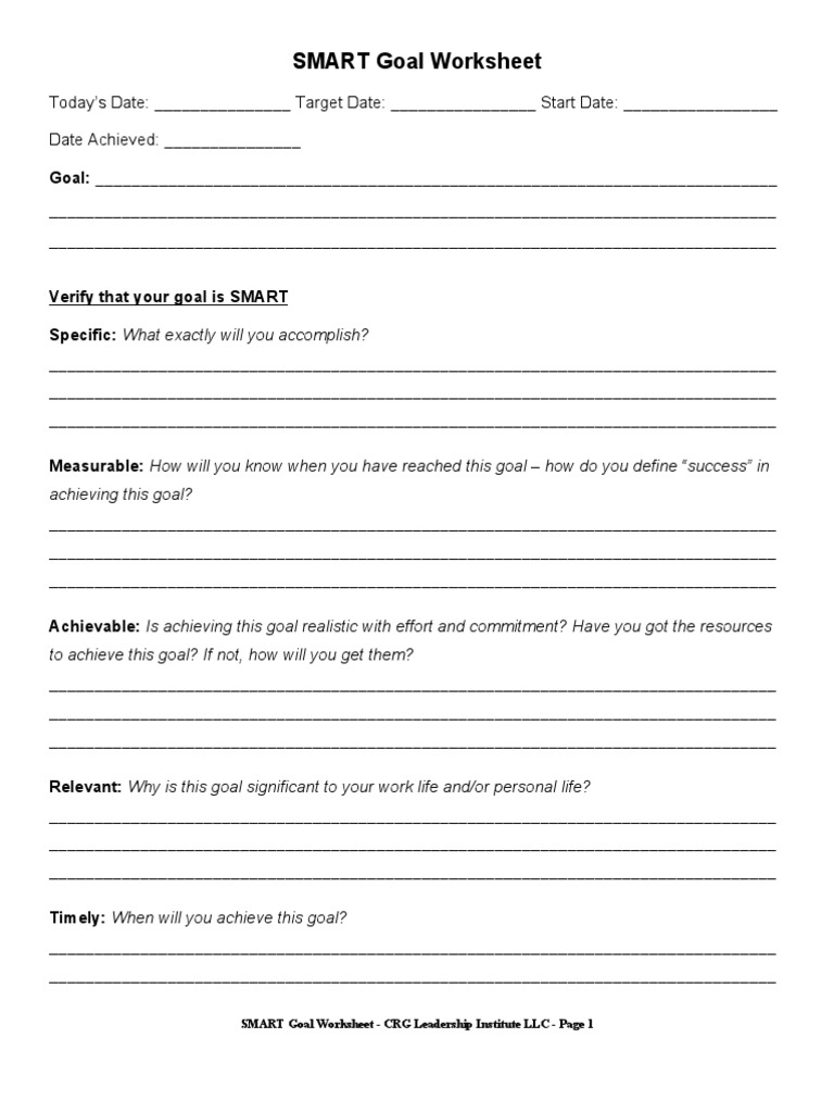 SMART Goal Worksheet | Goal | Leadership