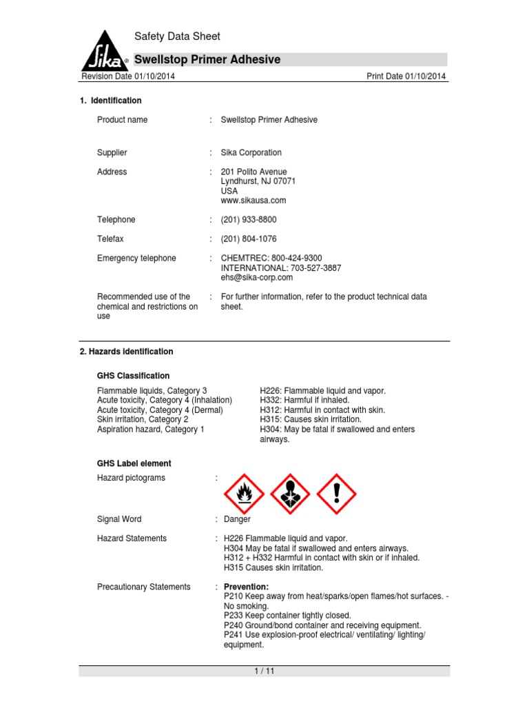 Swellstop Primer Adhesive SDS Packaging And Labeling Toxicity