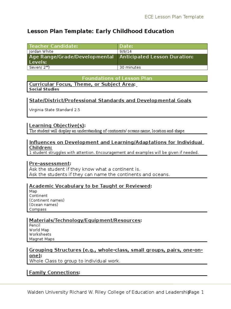 Lesson Plan Template: Early Childhood Education | PDF