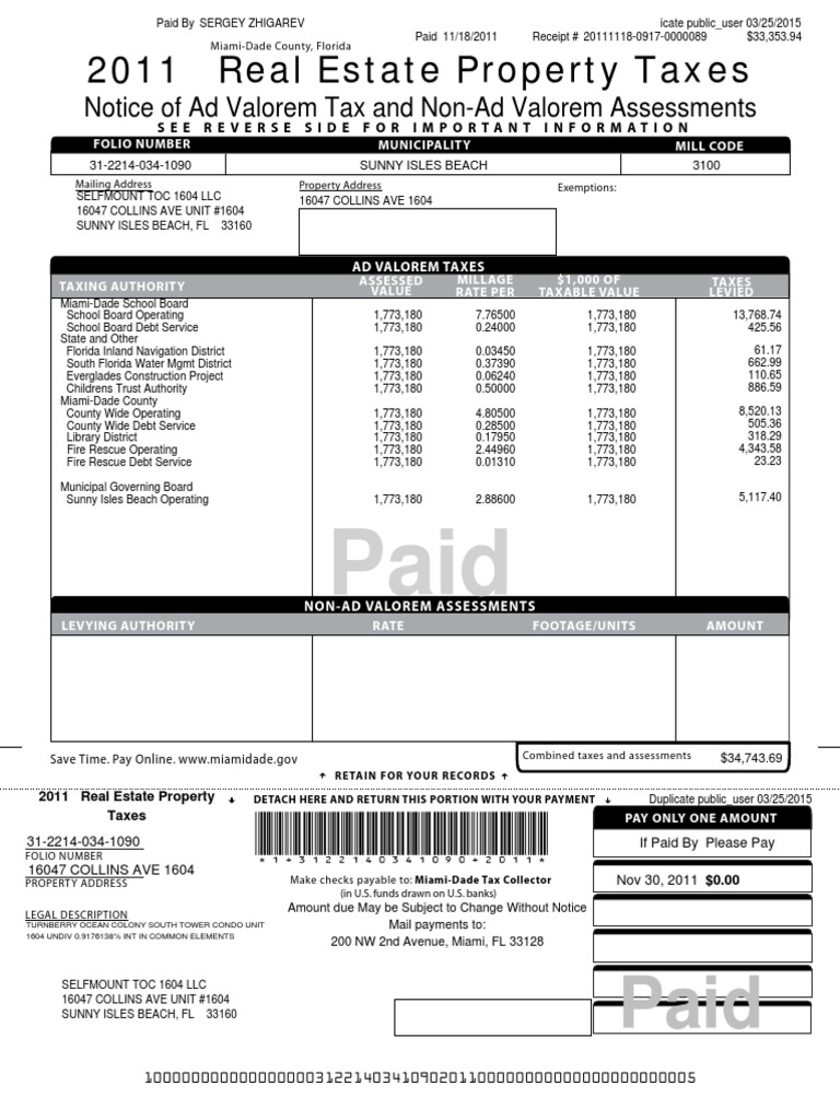 2011 Real Estate Property Taxes Notice of Ad Valorem Tax and NonAd